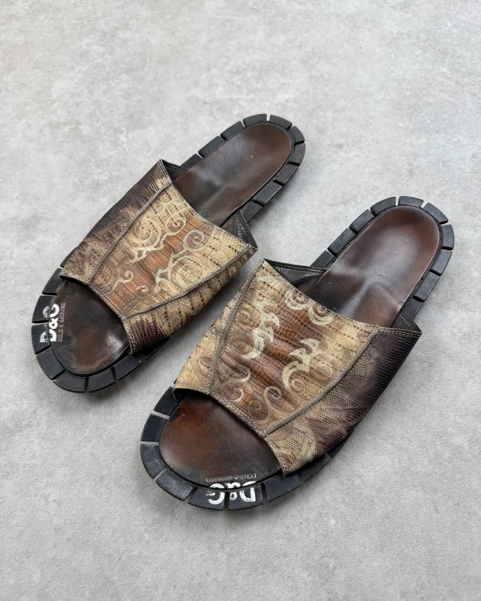 SS2004 Dolce & Gabbana Beige & Brown Patterned Leather Sandals ctIQXDA 0