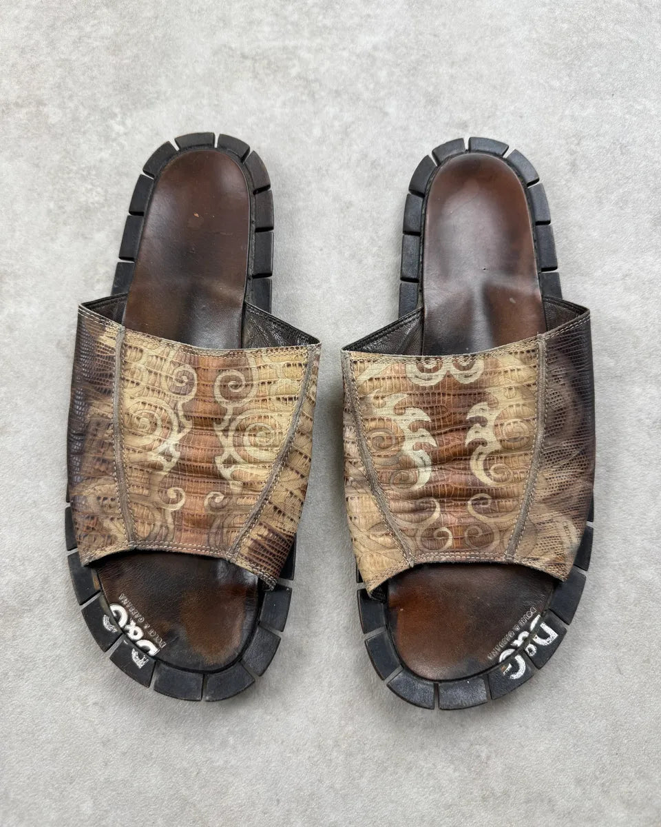 SS2004 Dolce & Gabbana Beige & Brown Patterned Leather Sandals ctIQXDA 1