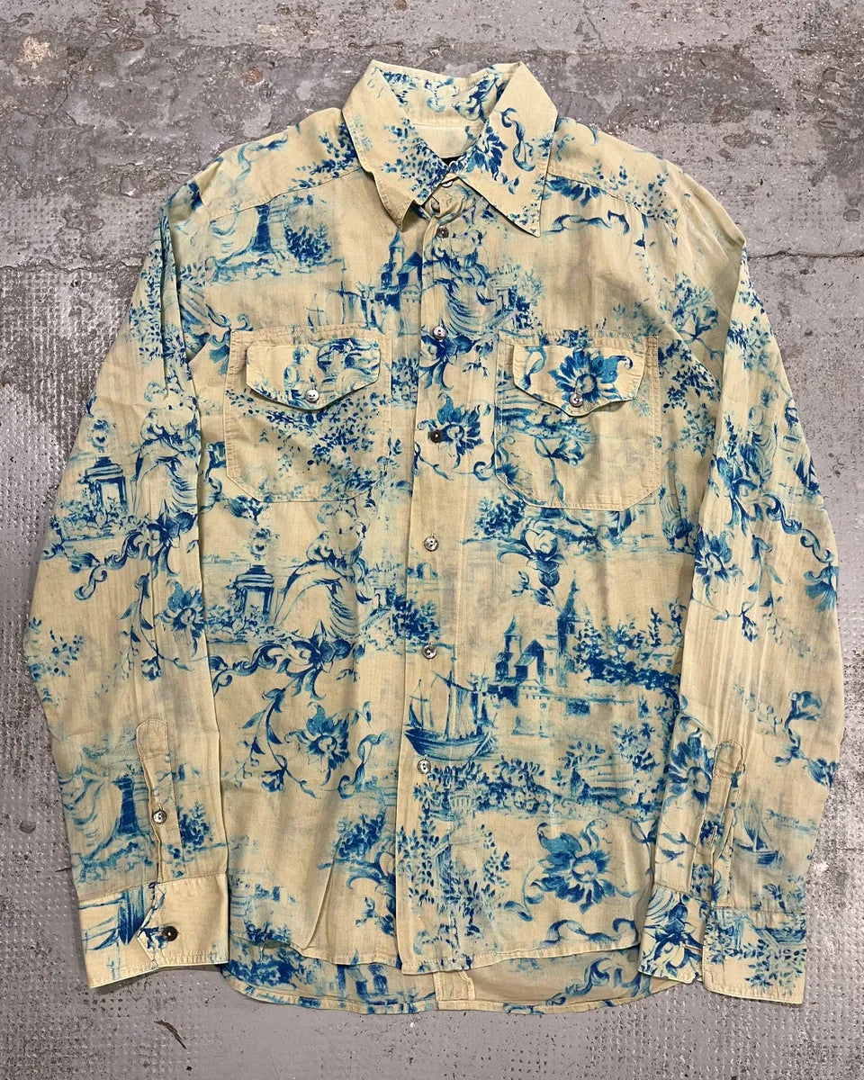 SS2004 Dolce & Gabbana Blue Floral Print Cream Shirt nCfKtfS 0