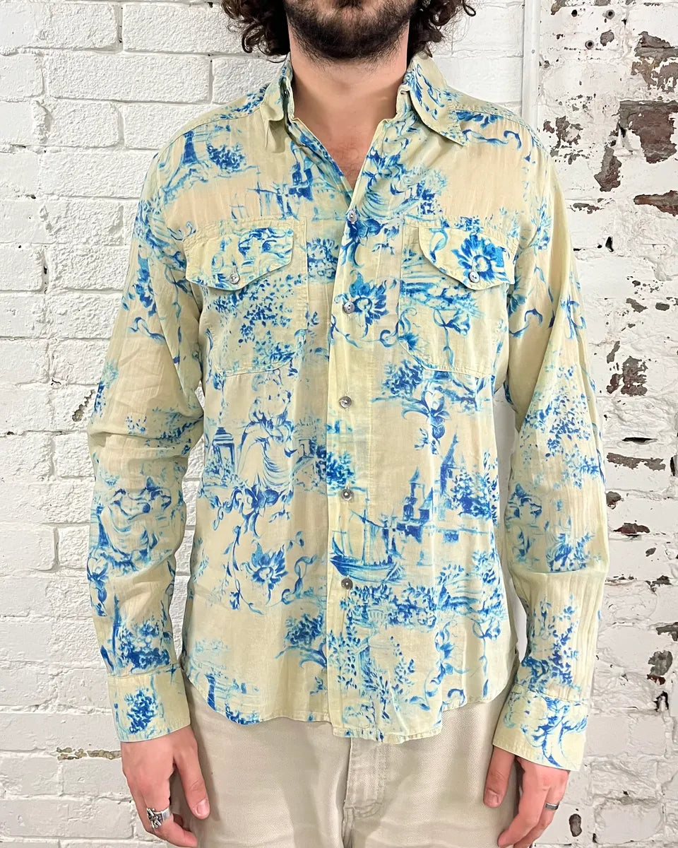 SS2004 Dolce & Gabbana Blue Floral Print Cream Shirt nCfKtfS 1