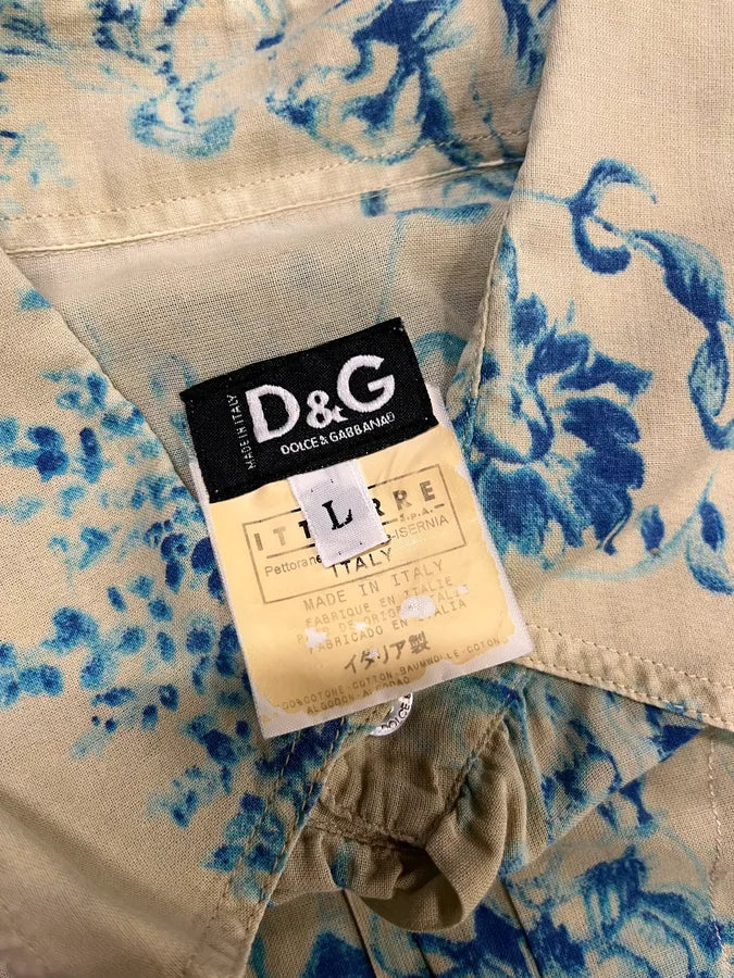 SS2004 Dolce & Gabbana Blue Floral Print Cream Shirt nCfKtfS 9
