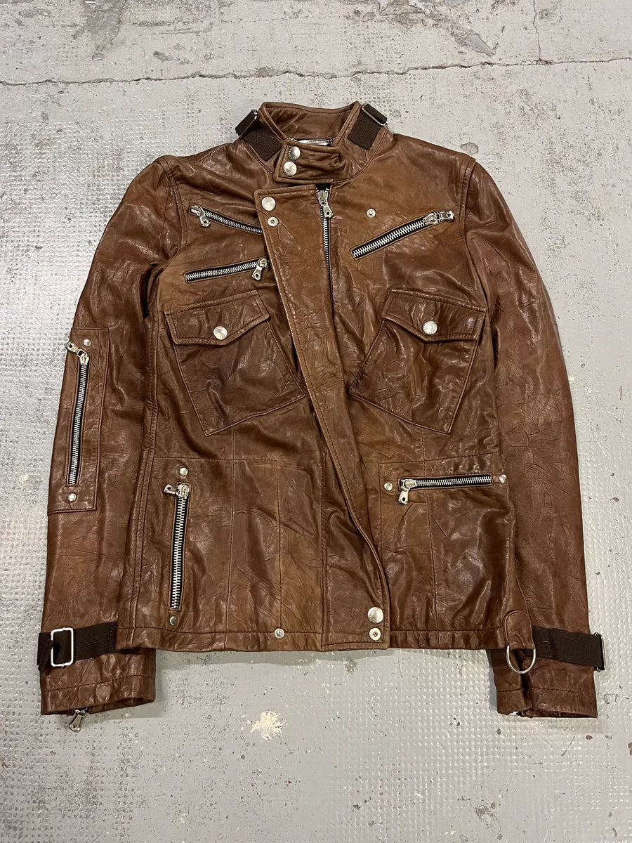 SS2004 Dolce & Gabbana Brown Multi-Zip Biker Leather Jacket wOCghoJ 0