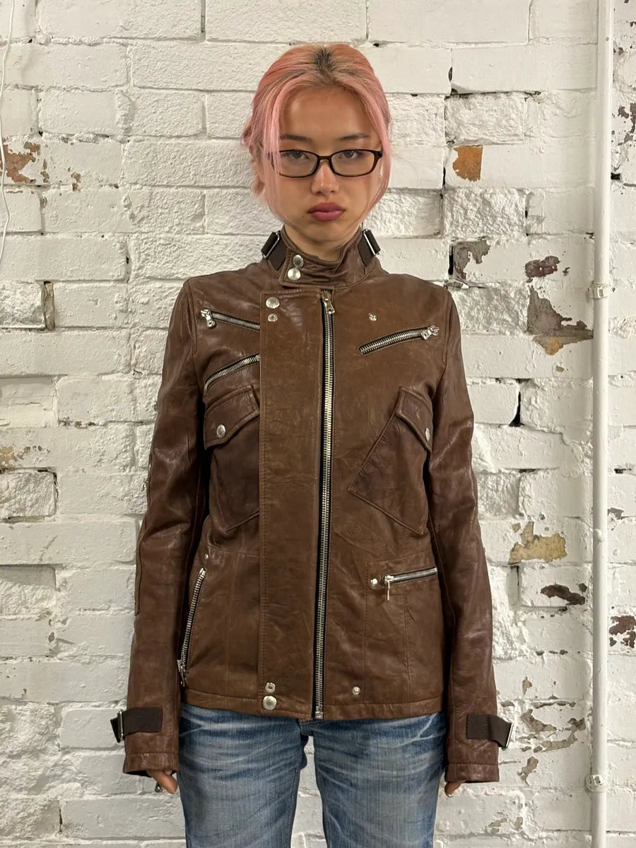 SS2004 Dolce & Gabbana Brown Multi-Zip Biker Leather Jacket wOCghoJ 2