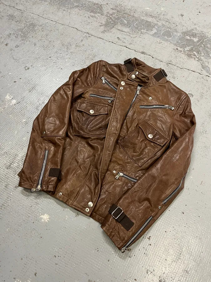 SS2004 Dolce & Gabbana Brown Multi-Zip Biker Leather Jacket wOCghoJ 5