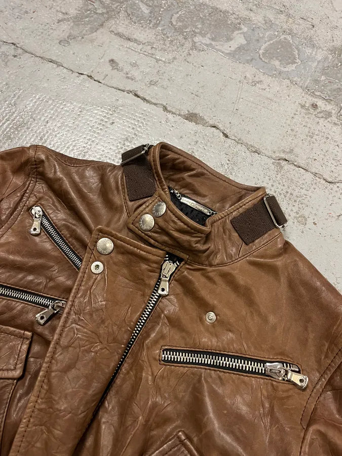 SS2004 Dolce & Gabbana Brown Multi-Zip Biker Leather Jacket wOCghoJ 6