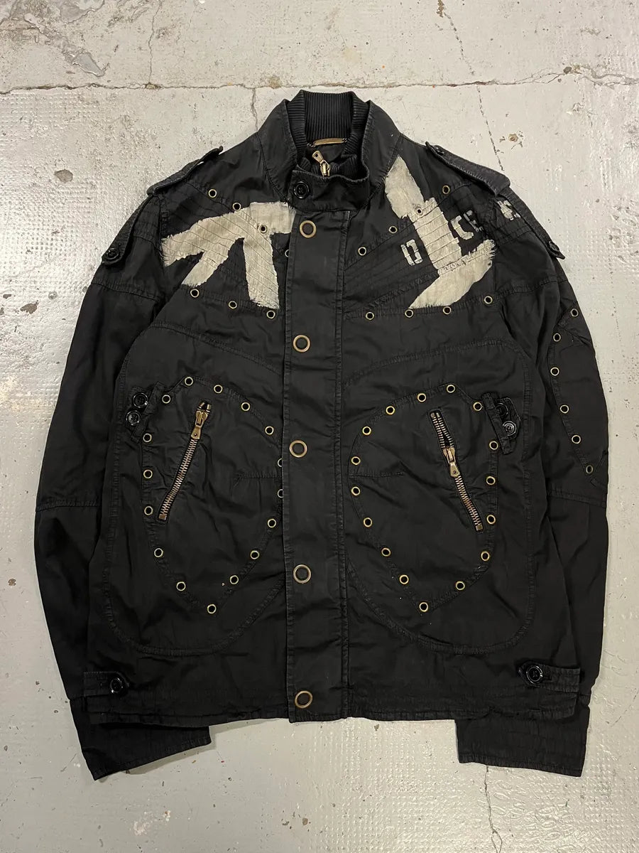 SS2004 Dolce & Gabbana Eyelet Bondage Army Black Jacket qtPYfkA 0