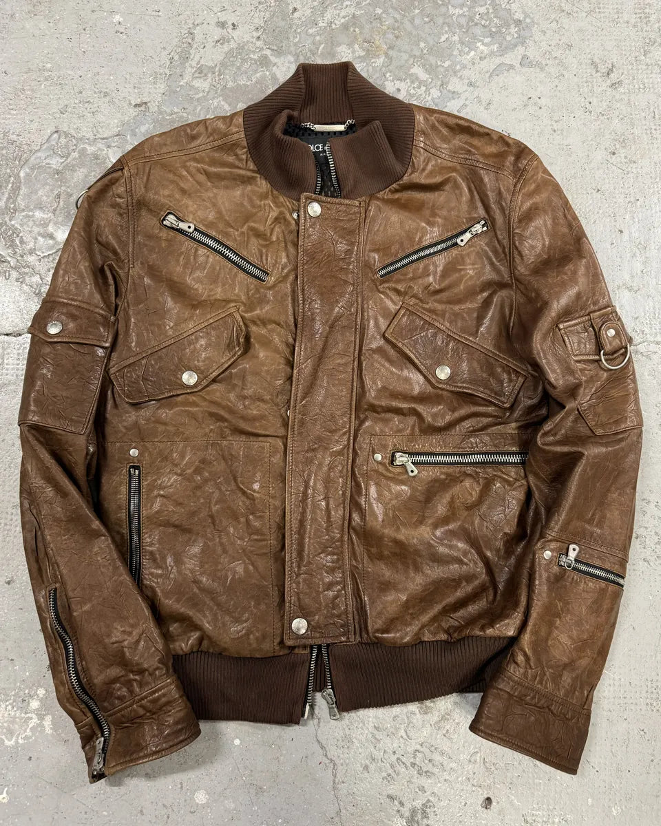 SS2004 Dolce & Gabbana Ninja Brown Multi-Zip Leather Jacket bihQrst 0