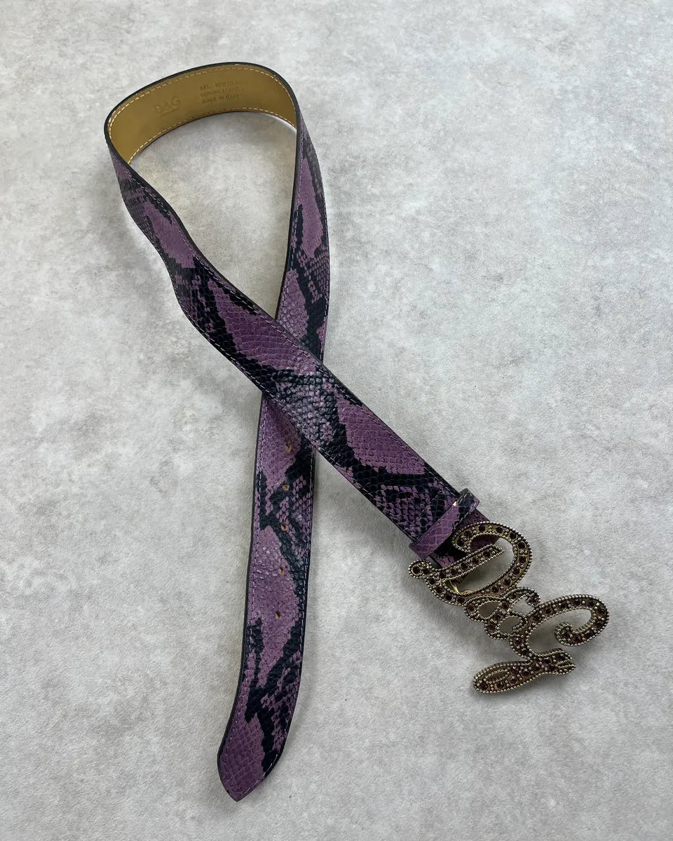 SS2004 Dolce & Gabbana Purple Python Effect Logo Buckle Leather Belt woomUzp 0
