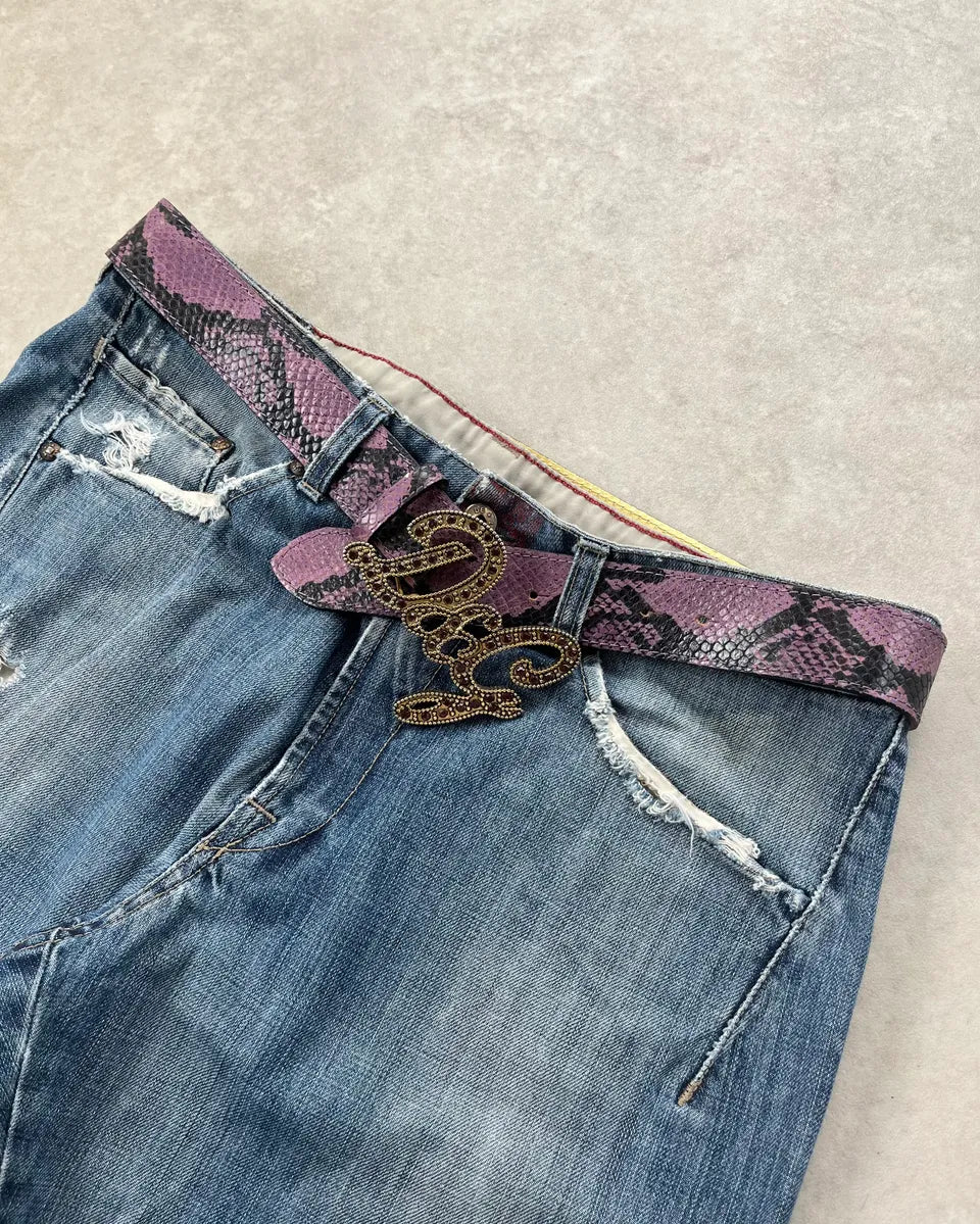 SS2004 Dolce & Gabbana Purple Python Effect Logo Buckle Leather Belt woomUzp 2
