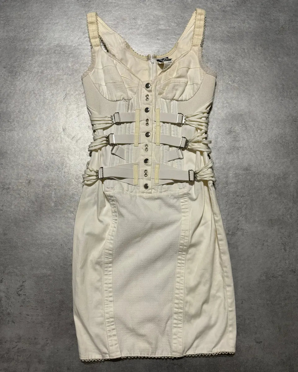 SS2004 Dolce & Gabbana White Bondage Strap Corset Cocktail Ivory Cotton Dress sWtAKhR 0