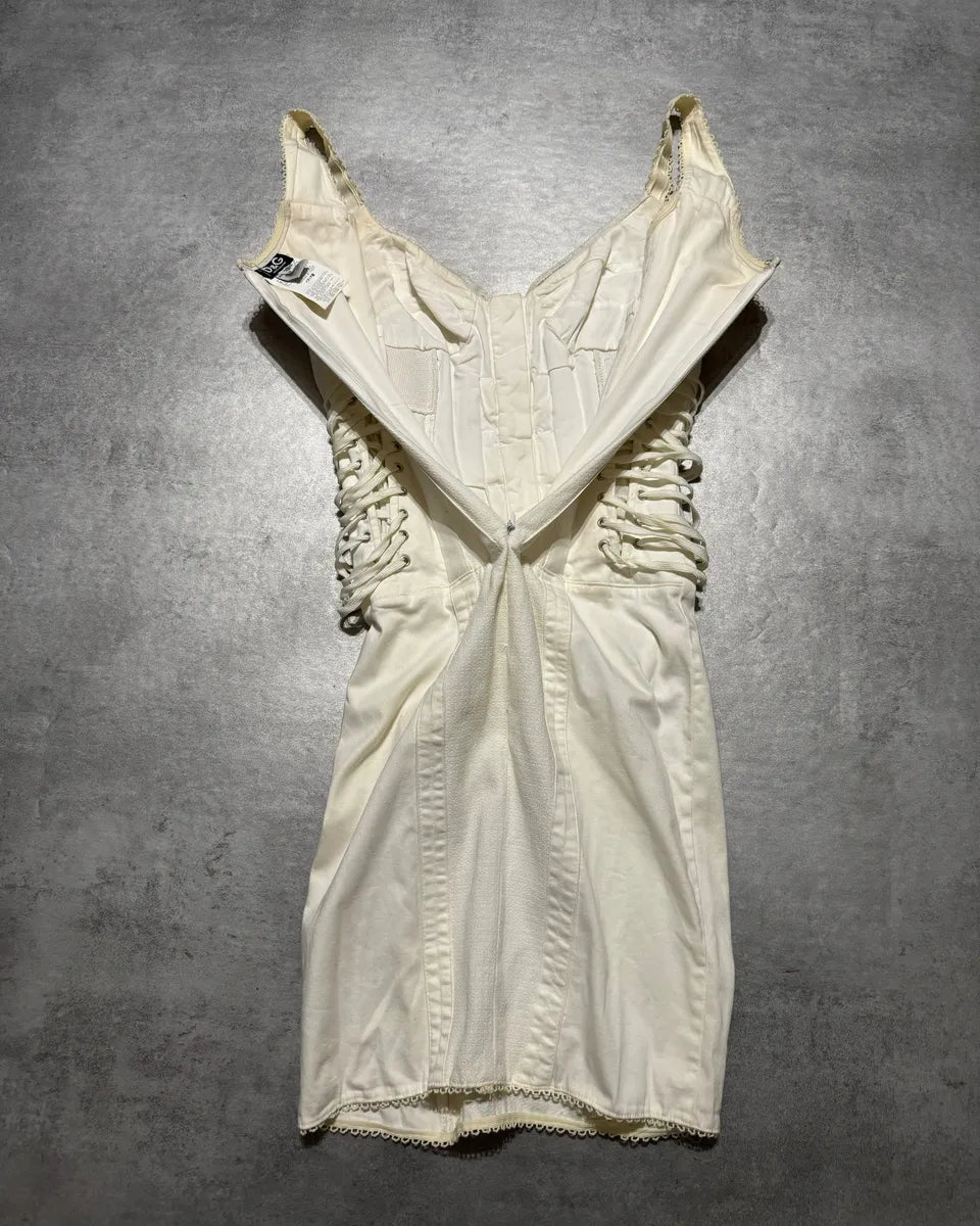 SS2004 Dolce & Gabbana White Bondage Strap Corset Cocktail Ivory Cotton Dress sWtAKhR 2