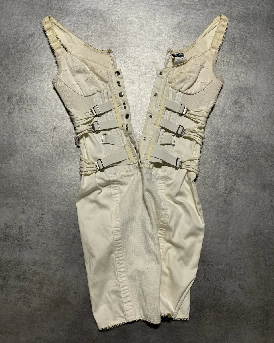 SS2004 Dolce & Gabbana White Bondage Strap Corset Cocktail Ivory Cotton Dress sWtAKhR 3