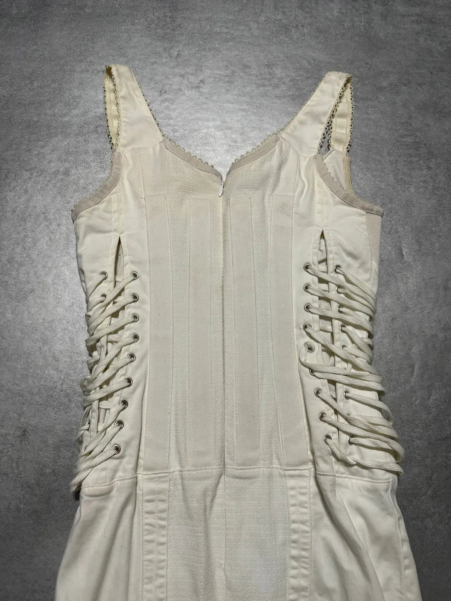 SS2004 Dolce & Gabbana White Bondage Strap Corset Cocktail Ivory Cotton Dress sWtAKhR 4