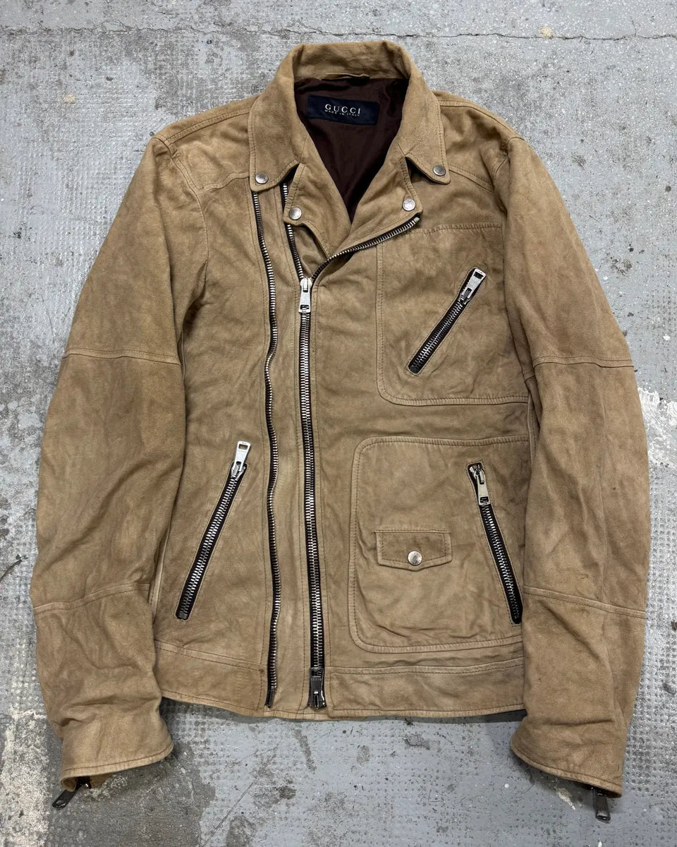 SS2004 Gucci Asymmetrical Multi Zips Biker Beige Suede Leather Jacket hMjhUeg 0