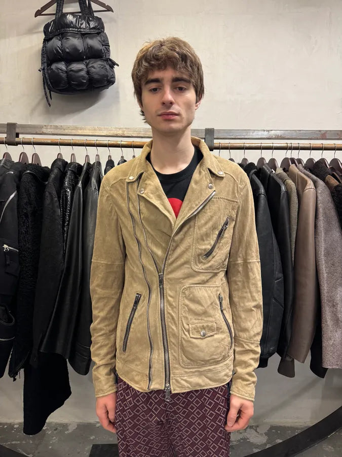 SS2004 Gucci Asymmetrical Multi Zips Biker Beige Suede Leather Jacket hMjhUeg 1