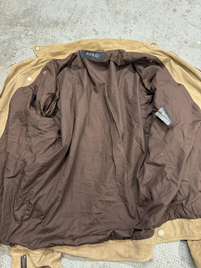 SS2004 Gucci Asymmetrical Multi Zips Biker Beige Suede Leather Jacket hMjhUeg 10