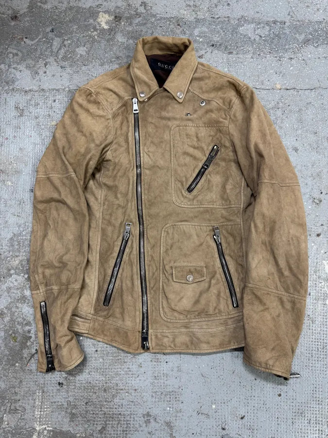 SS2004 Gucci Asymmetrical Multi Zips Biker Beige Suede Leather Jacket hMjhUeg 2