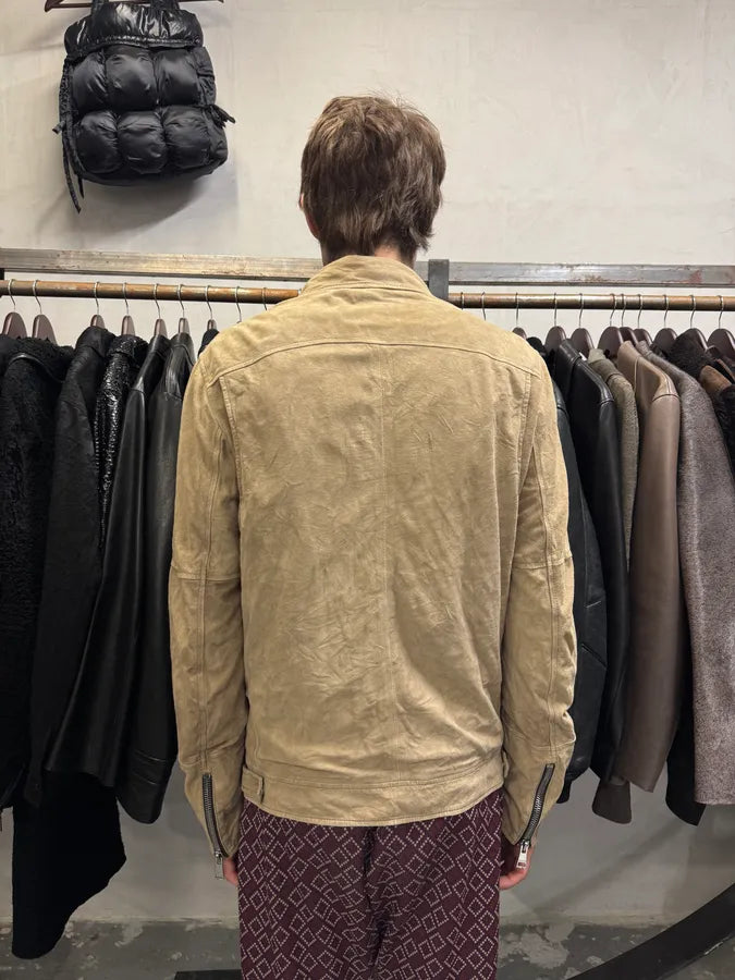 SS2004 Gucci Asymmetrical Multi Zips Biker Beige Suede Leather Jacket hMjhUeg 3