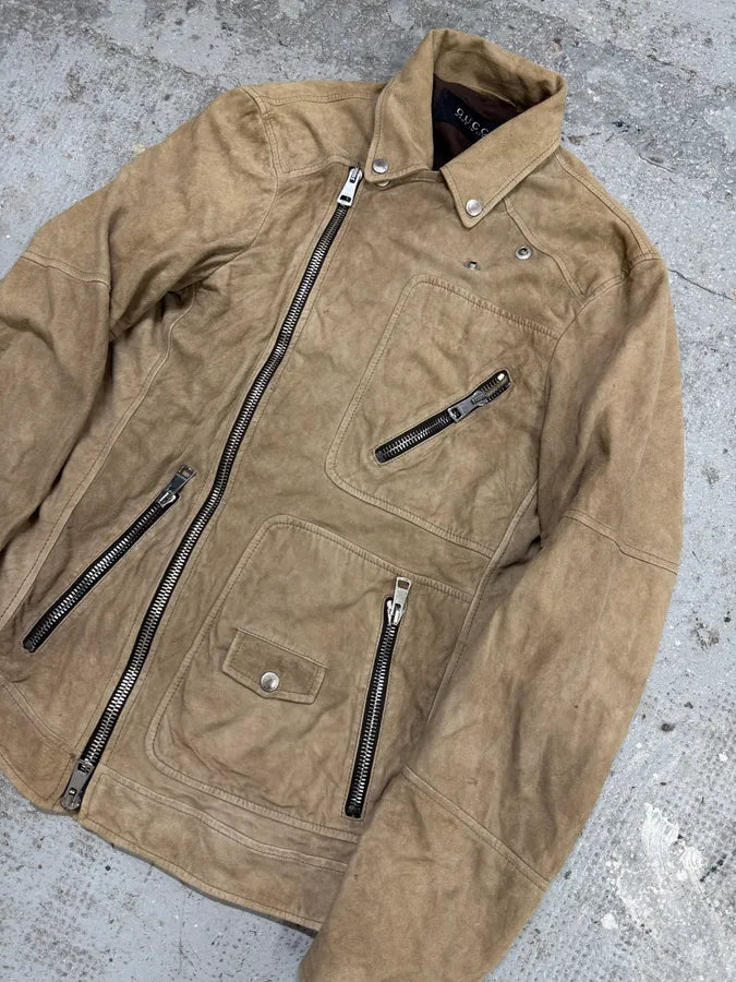 SS2004 Gucci Asymmetrical Multi Zips Biker Beige Suede Leather Jacket hMjhUeg 4