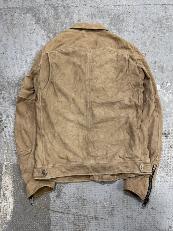 SS2004 Gucci Asymmetrical Multi Zips Biker Beige Suede Leather Jacket hMjhUeg 5