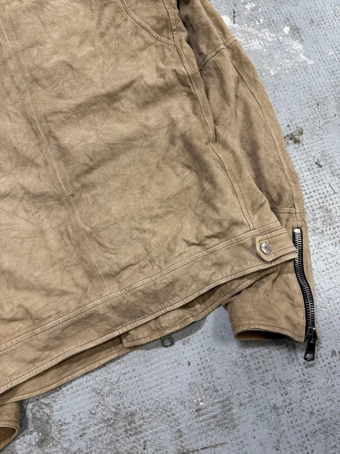 SS2004 Gucci Asymmetrical Multi Zips Biker Beige Suede Leather Jacket hMjhUeg 6
