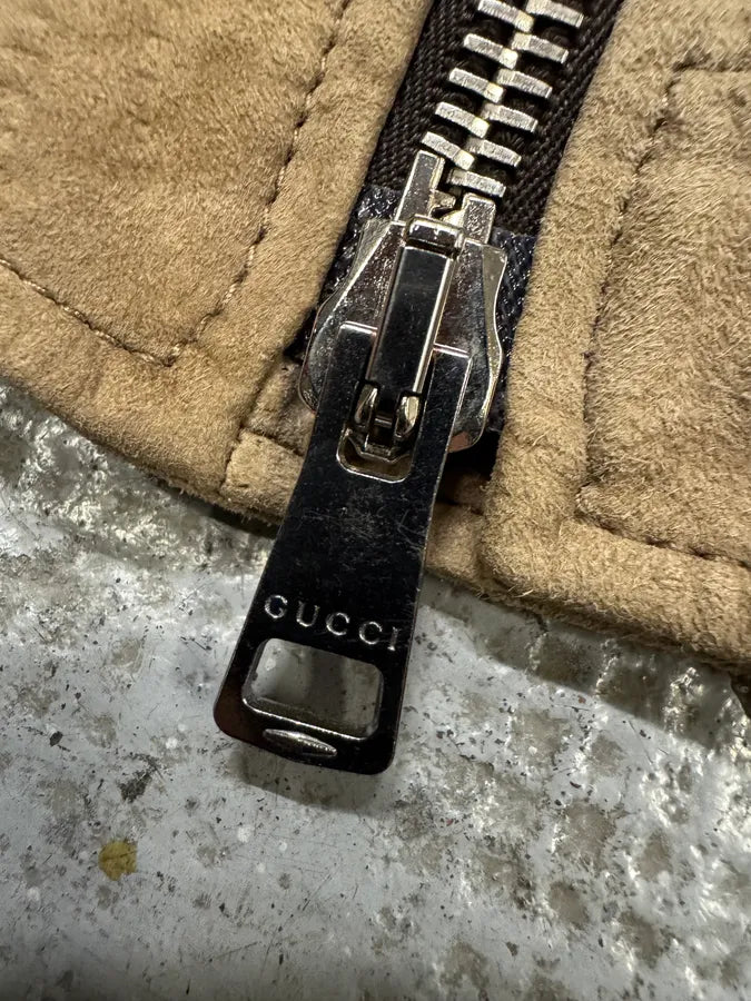 SS2004 Gucci Asymmetrical Multi Zips Biker Beige Suede Leather Jacket hMjhUeg 7