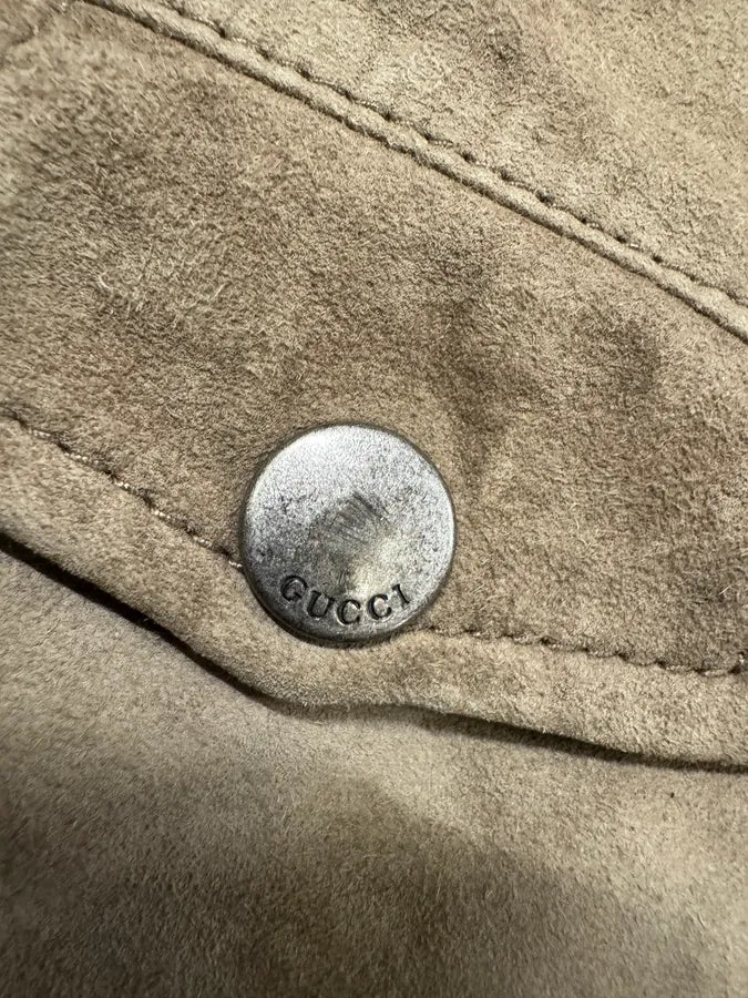 SS2004 Gucci Asymmetrical Multi Zips Biker Beige Suede Leather Jacket hMjhUeg 8