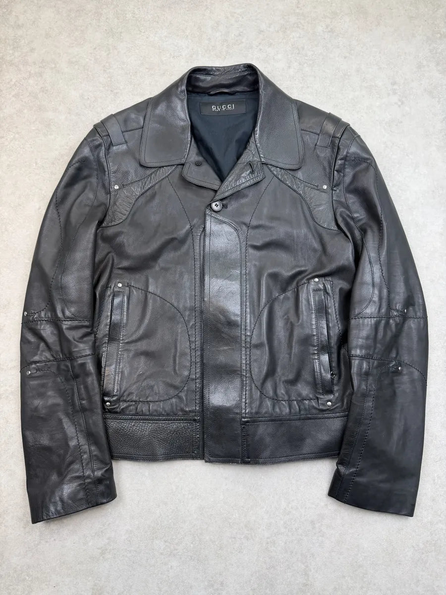 SS2004 Gucci Black Leather Premium Buckle Jacket by Tom Ford mKzESqj 0
