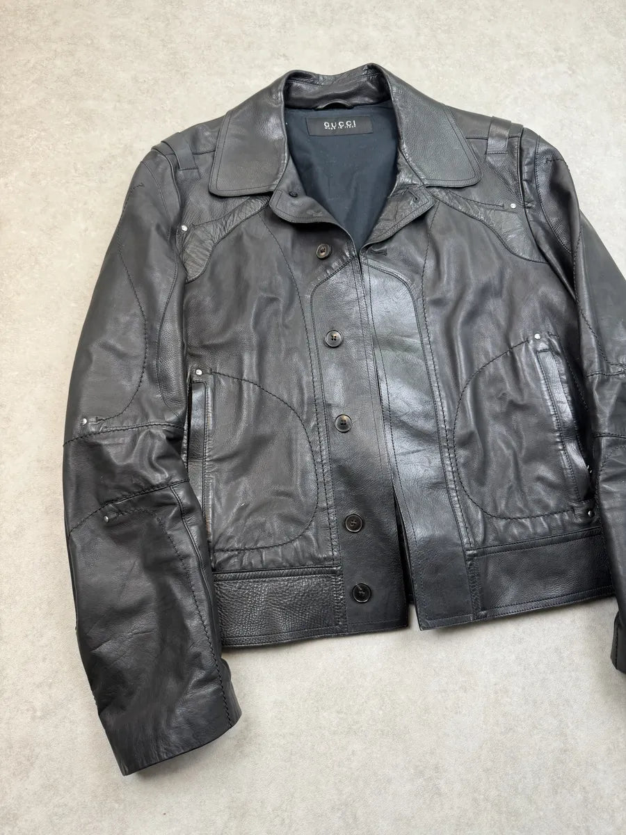 SS2004 Gucci Black Leather Premium Buckle Jacket by Tom Ford mKzESqj 13