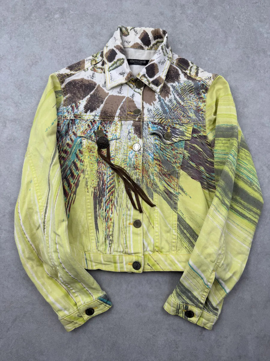 SS2004 Roberto Cavalli Yellow Psycho Feather Cropped Jacket iOwooFg 0