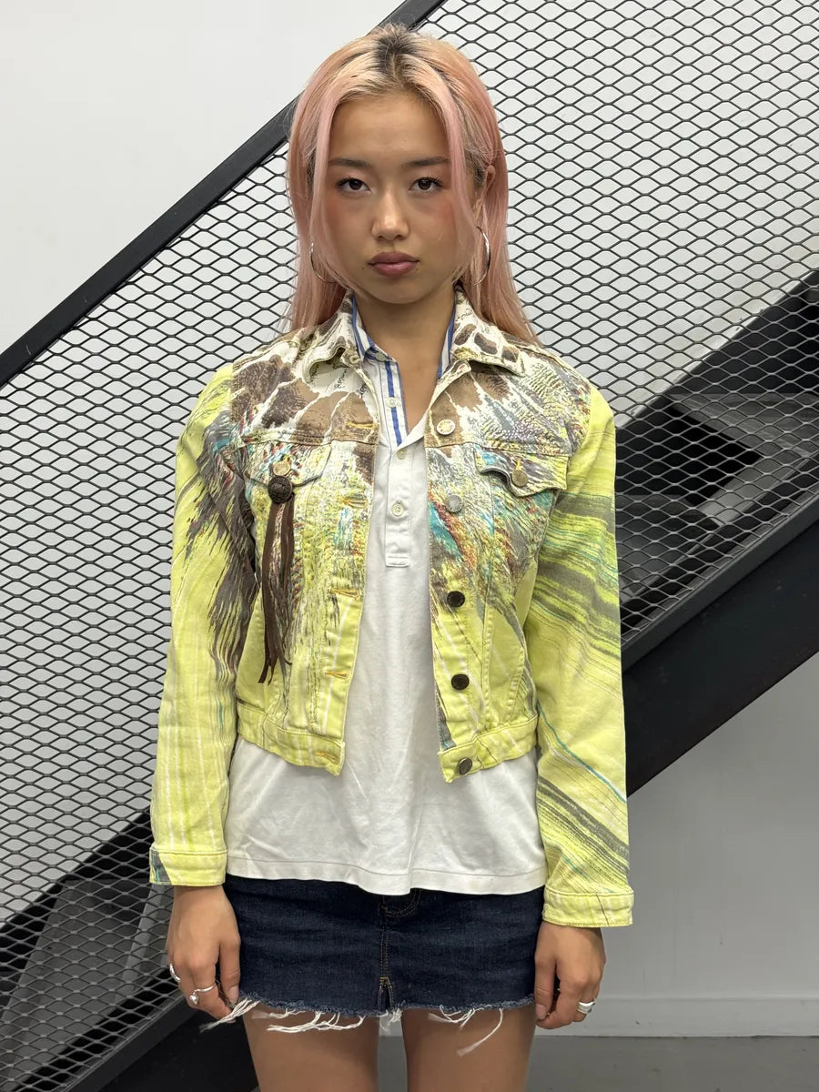 SS2004 Roberto Cavalli Yellow Psycho Feather Cropped Jacket iOwooFg 2