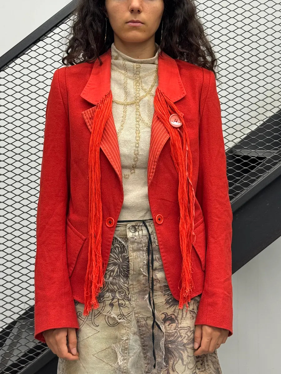 SS2005 Ann Demeulemeester Red Wool Fringe Buttons Blazer WkUZKcJ 1