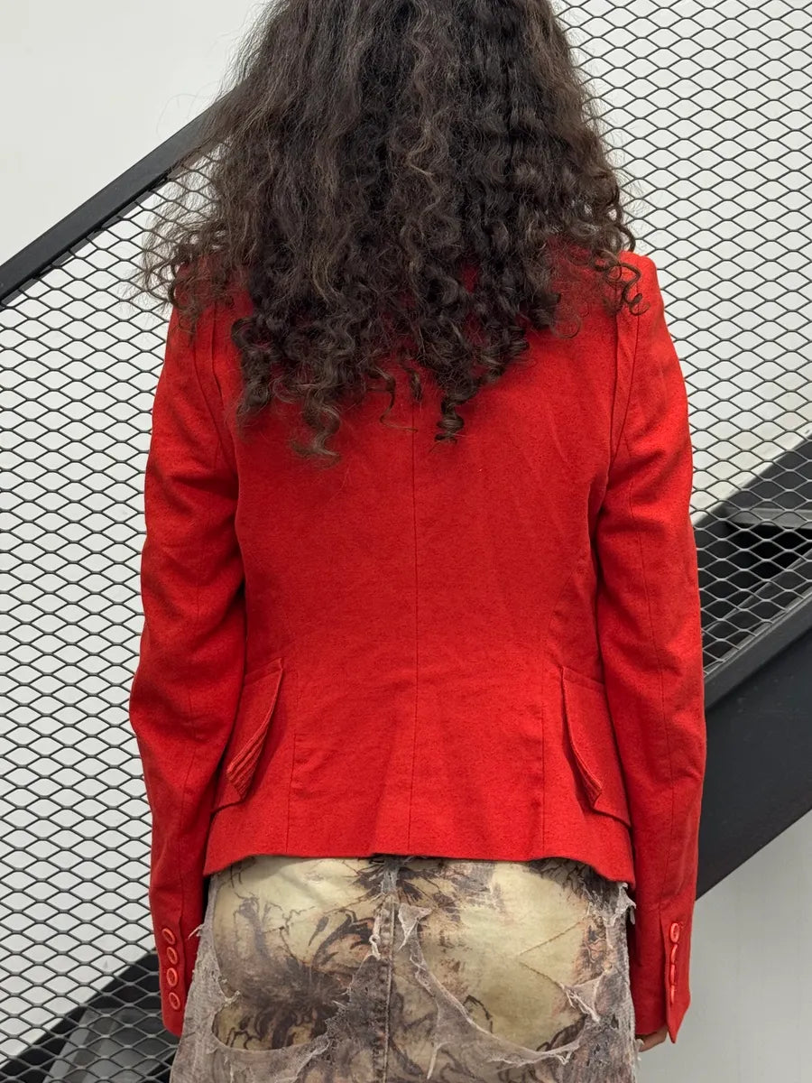 SS2005 Ann Demeulemeester Red Wool Fringe Buttons Blazer WkUZKcJ 2