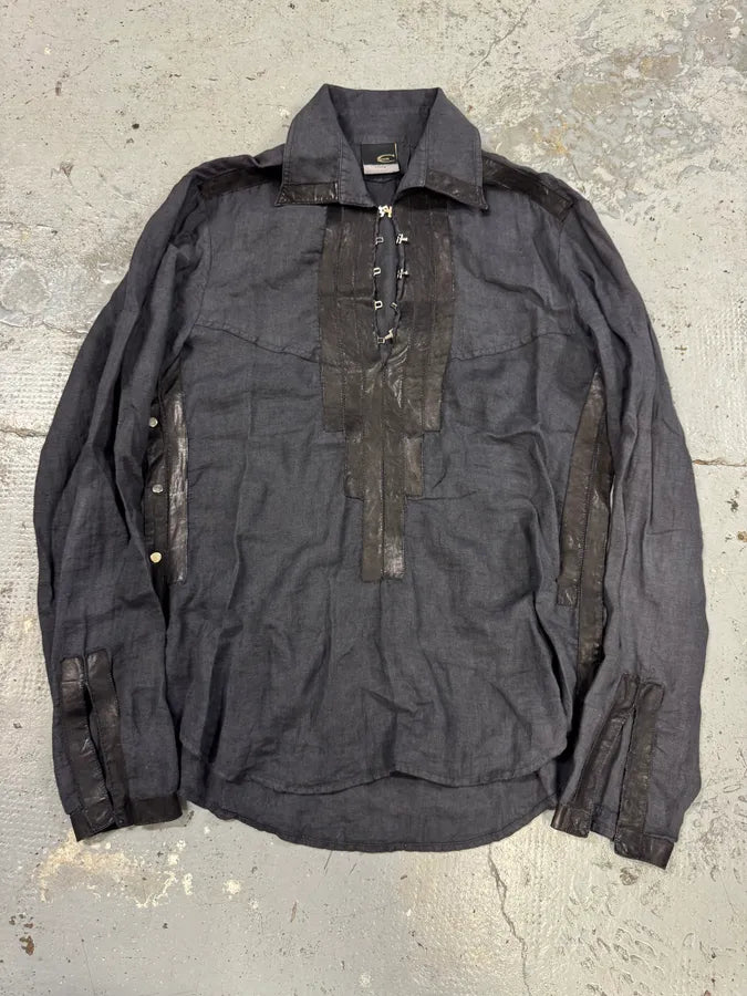 SS2005 Cavalli Black Linen Leather Shirt GwtmVFj 0