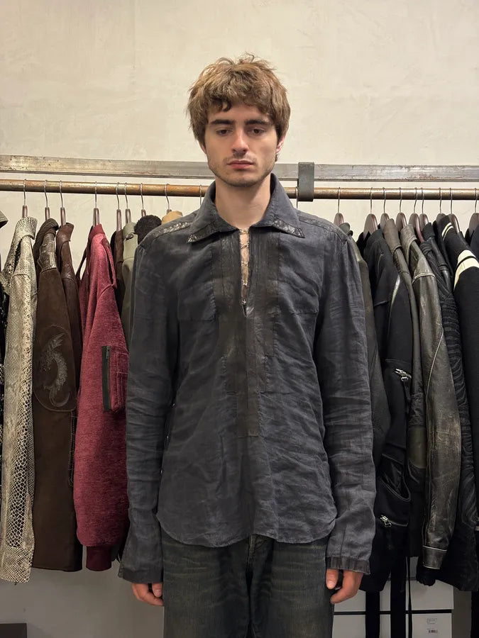 SS2005 Cavalli Black Linen Leather Shirt GwtmVFj 1