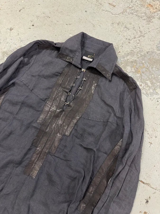 SS2005 Cavalli Black Linen Leather Shirt GwtmVFj 3