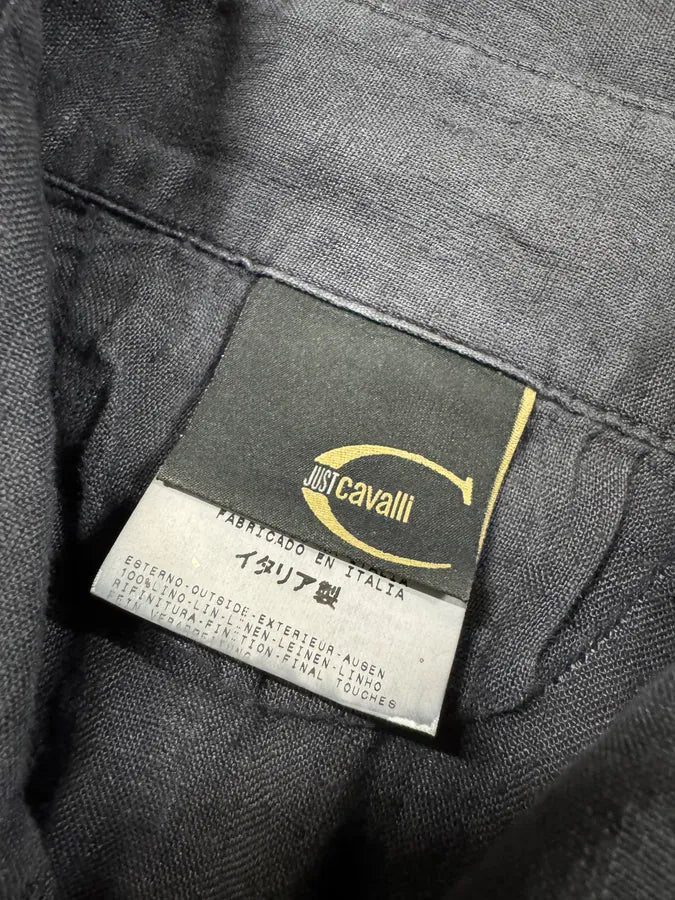 SS2005 Cavalli Black Linen Leather Shirt GwtmVFj 7
