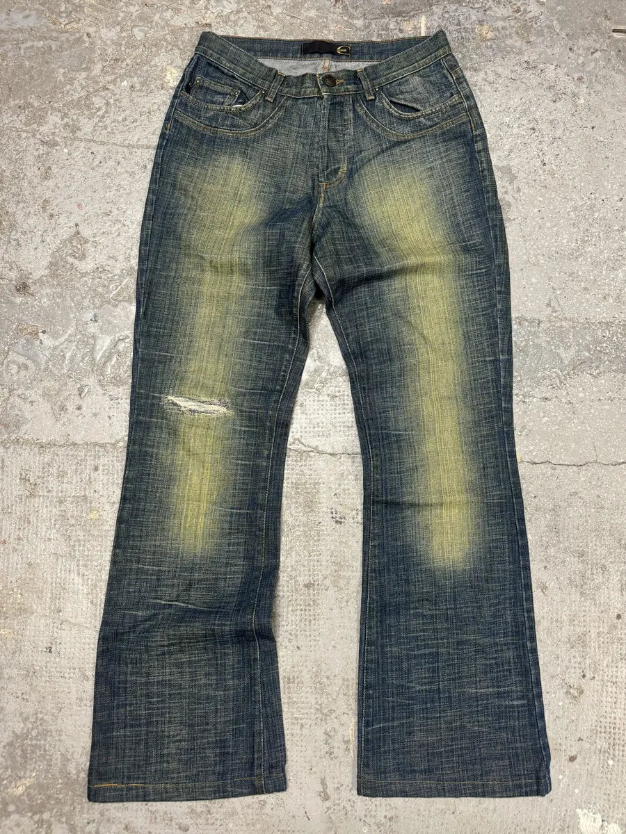 SS2005 Cavalli Blue Flared Yellowish Faded Denim Jeans (S) 0