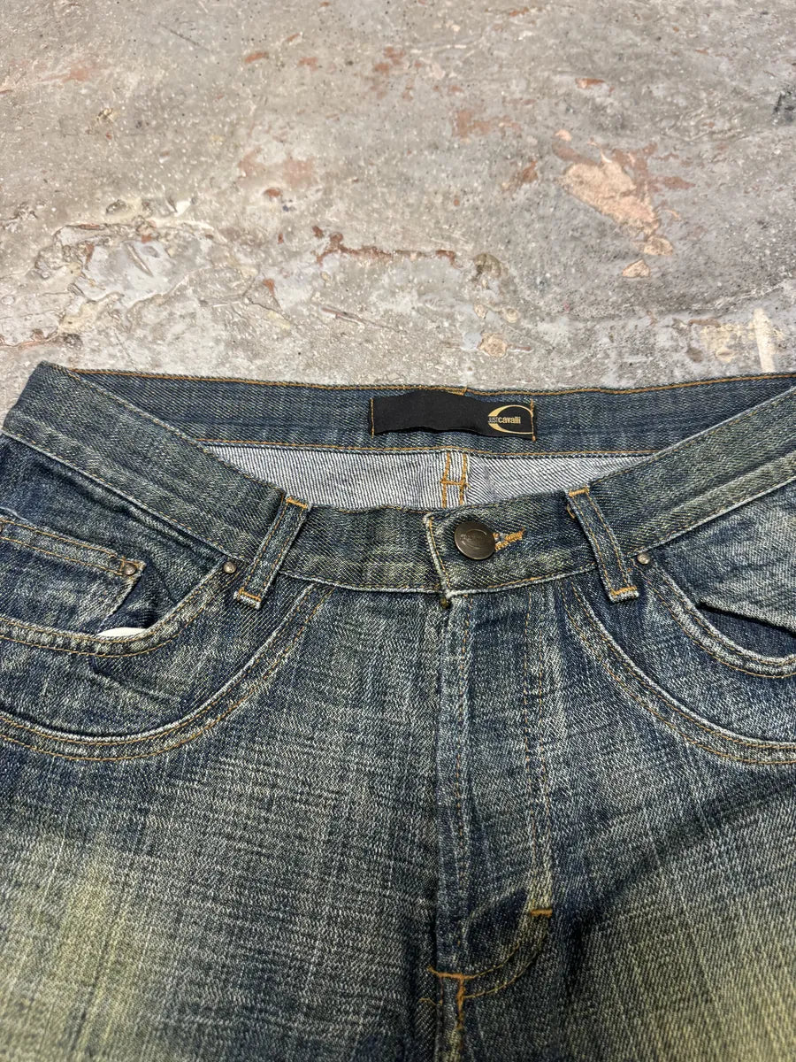 SS2005 Cavalli Blue Flared Yellowish Faded Denim Jeans (S) 7