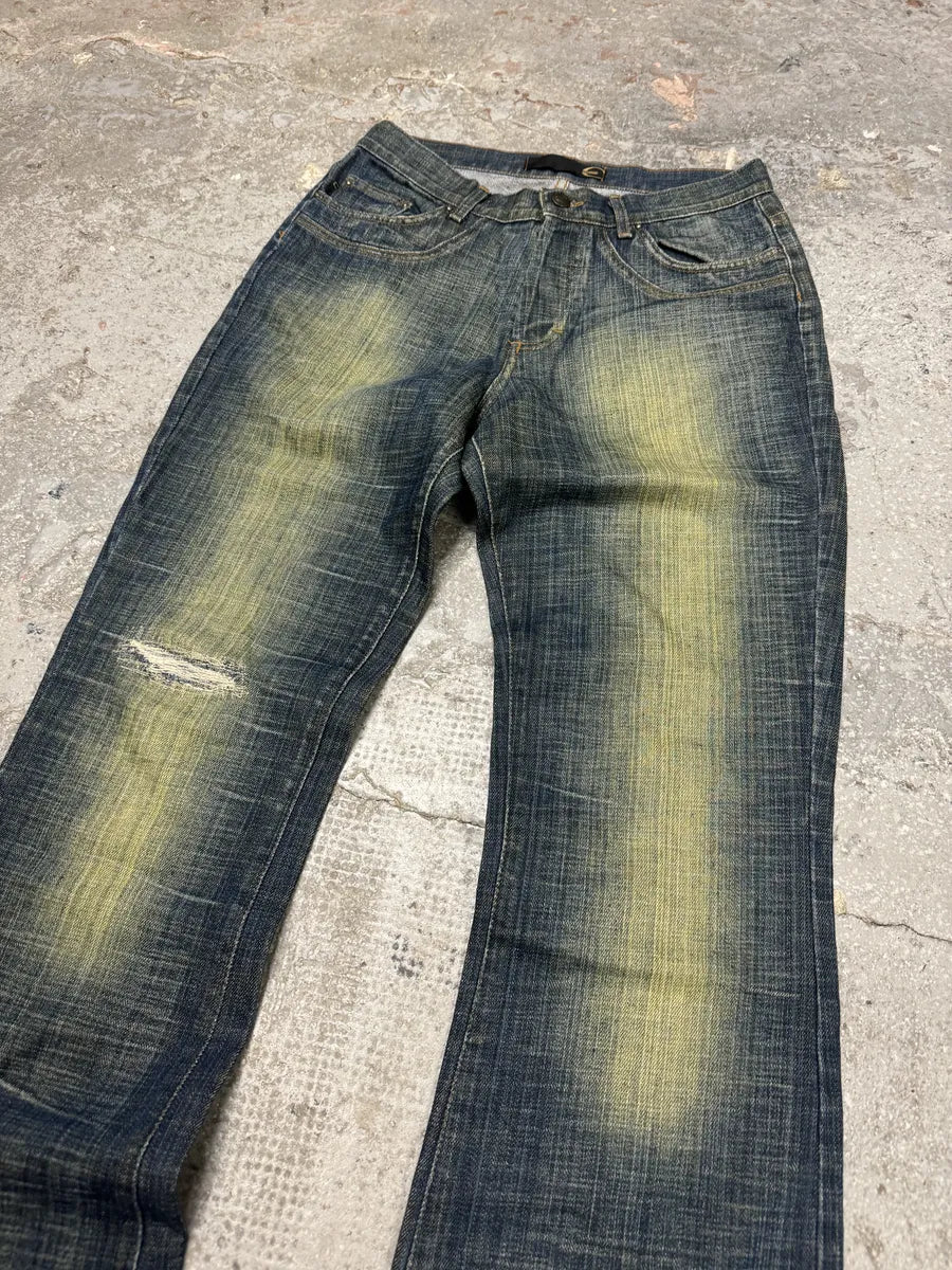 SS2005 Cavalli Blue Flared Yellowish Faded Denim Jeans (S) 8