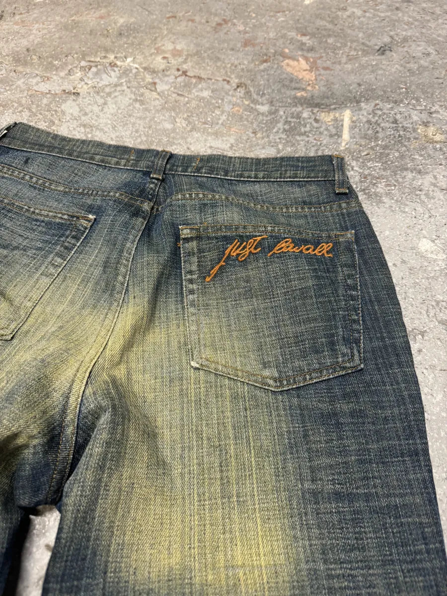 SS2005 Cavalli Blue Flared Yellowish Faded Denim Jeans (S) 9