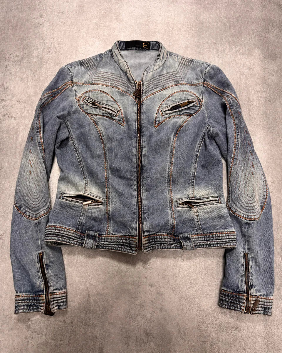 SS2005 Cavalli Sexy Biker Conceptual Blue Denim Jacket MhDVmOu 0