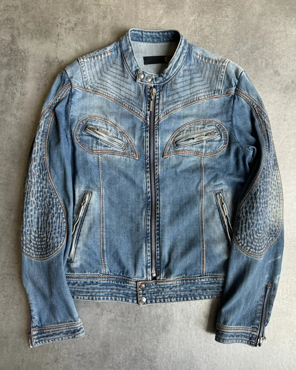 SS2005 Cavalli Sexy Biker Conceptual Denim Jacket yPfeiCB 0