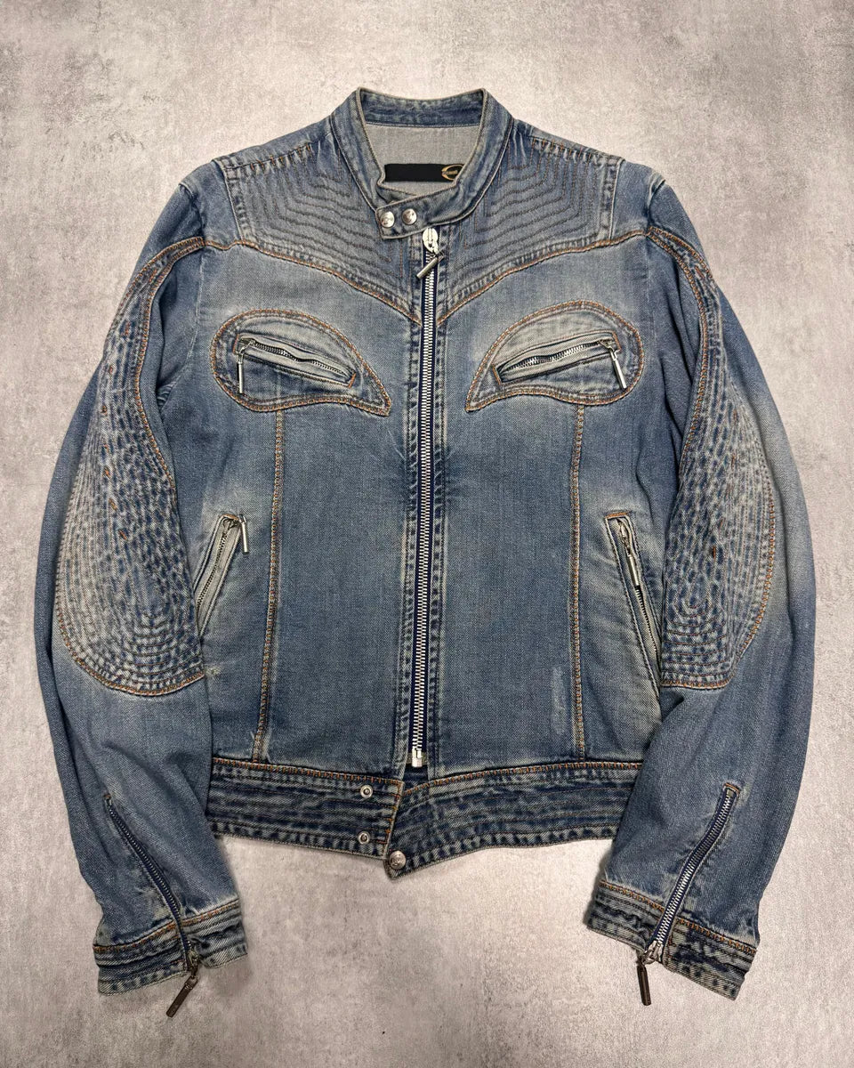 SS2005 Cavalli Sexy Biker Conceptual Denim Jacket AalzMOt 0
