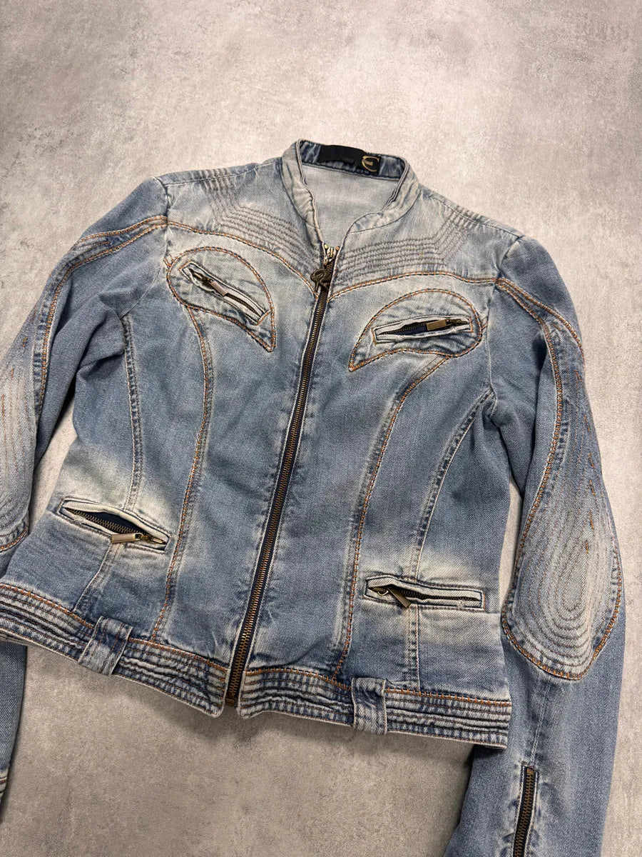SS2005 Cavalli Sexy Biker Conceptual Blue Denim Jacket MhDVmOu 1