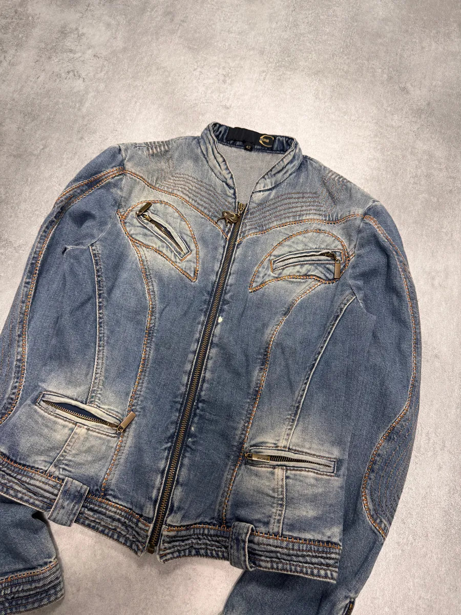 SS2005 Cavalli Sexy Biker Conceptual Denim Jacket aqTkMzr 3