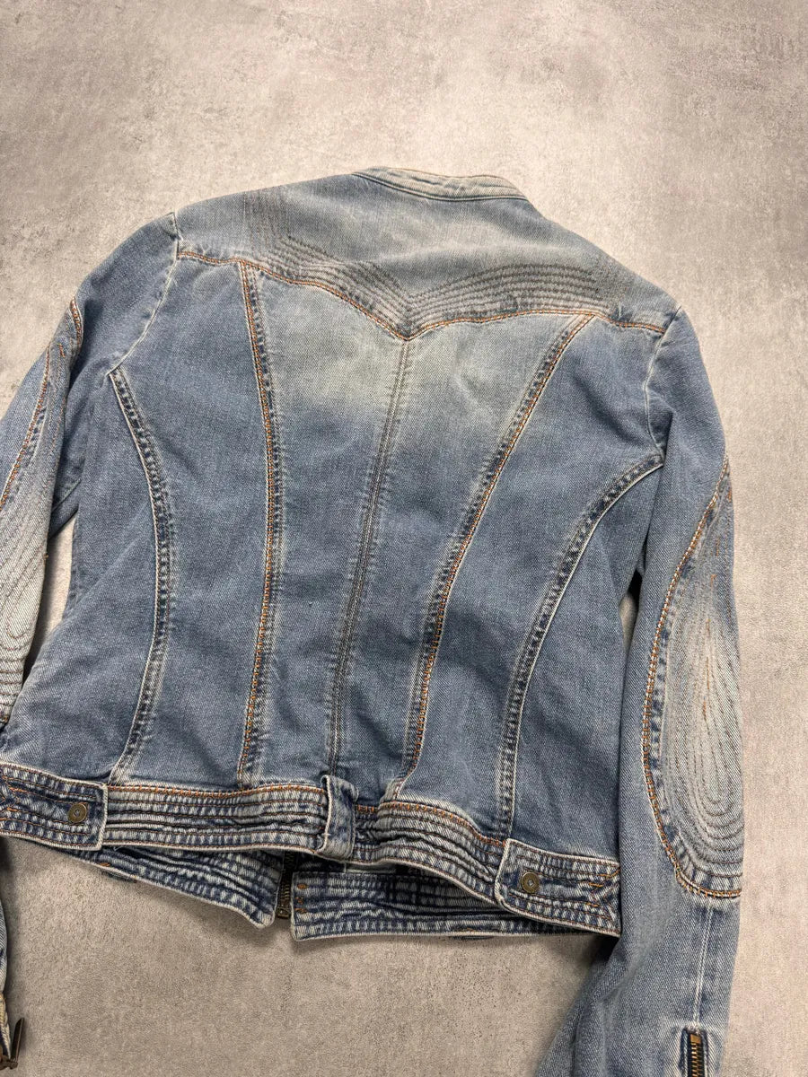 SS2005 Cavalli Sexy Biker Conceptual Blue Denim Jacket MhDVmOu 4