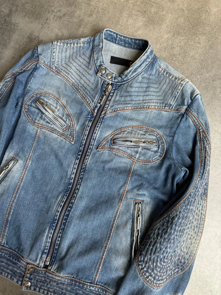SS2005 Cavalli Sexy Biker Conceptual Denim Jacket yPfeiCB 5
