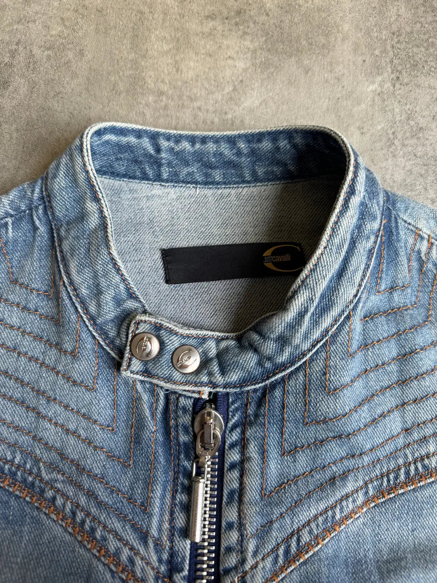 SS2005 Cavalli Sexy Biker Conceptual Denim Jacket yPfeiCB 6
