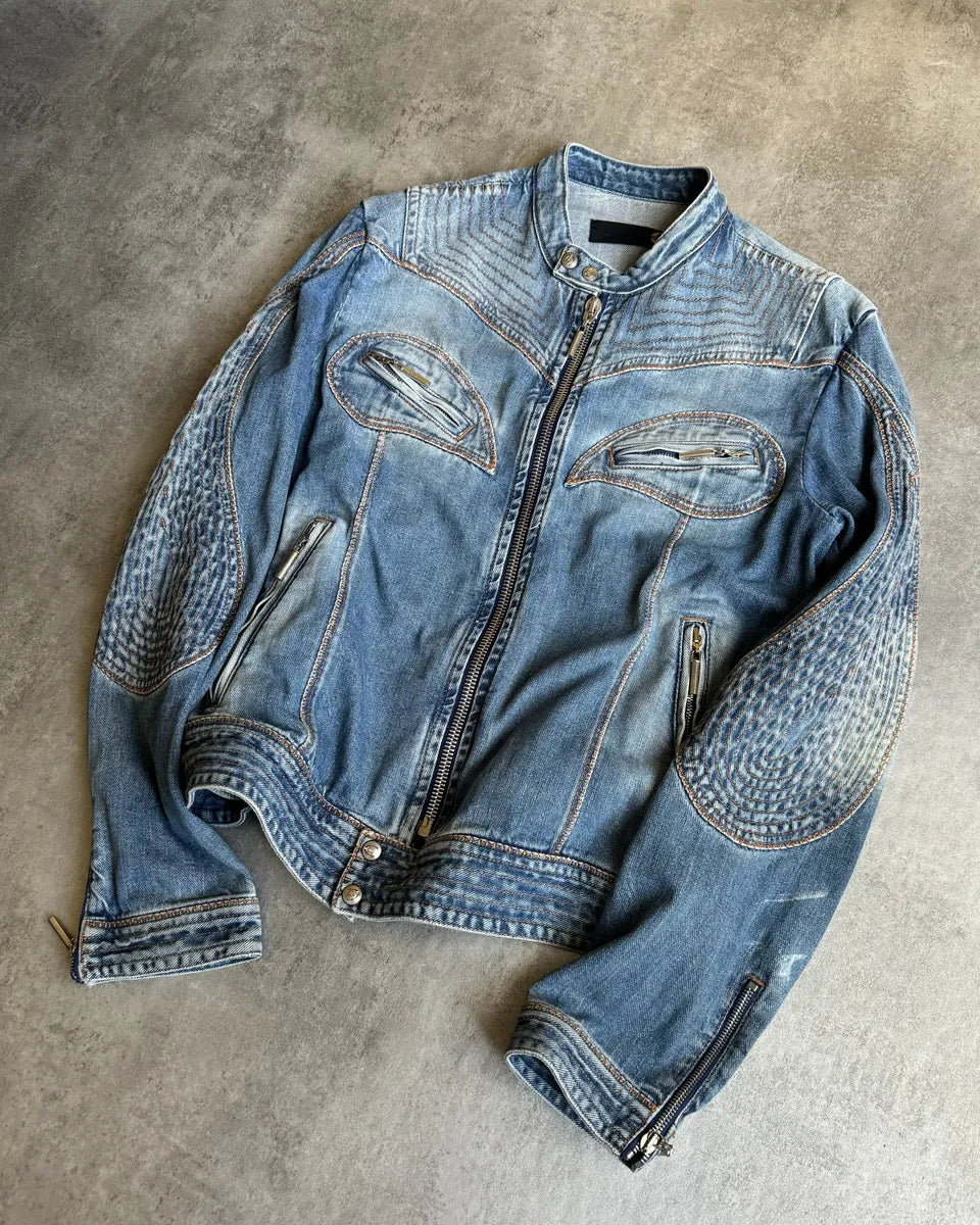 SS2005 Cavalli Sexy Biker Conceptual Denim Jacket yPfeiCB 7
